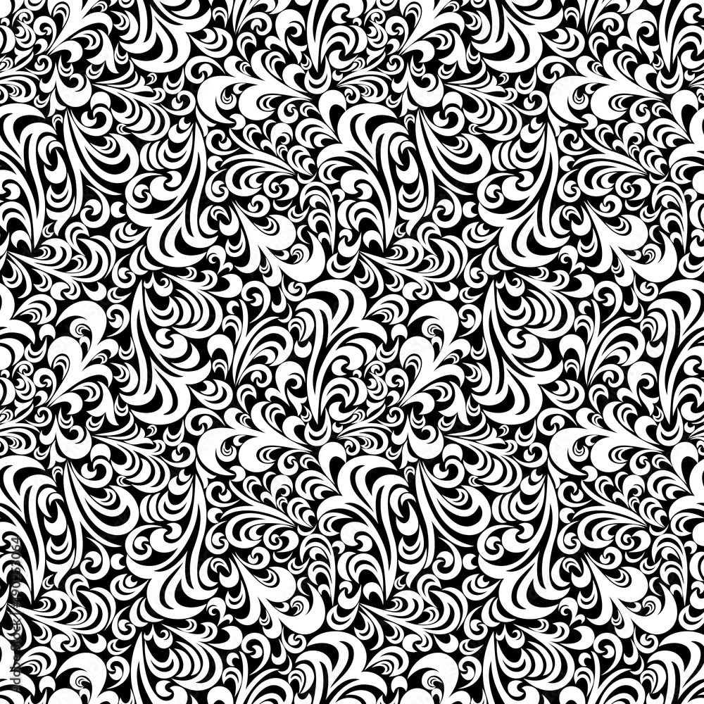 Seamless black background with white pattern in baroque style. Vector retro illustration. Ideal for printing on fabric or paper. Seamless black background with white pattern in baroque style. Vector retro illustration. Ideal for printing on fabric or paper.