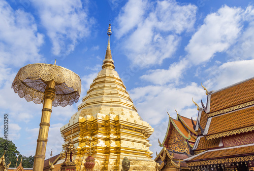 Public big golden pagoda at Wat Phra That Doi Suthep thai buddhist temple the most famous is visiting place of Chiang Mai, Thailand.