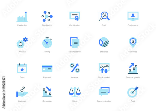 Set of blue flat business icons with darker blue accent isolated on light background. Contains such icons Goal, Profit, Distribution, Production, Certification and more.