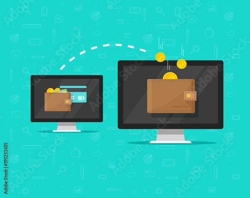 Electronic money transfer vector illustration, flat cartoon design of two computers pc with digital wallets transferring money electronically, sending or receiving cash online via internet banking