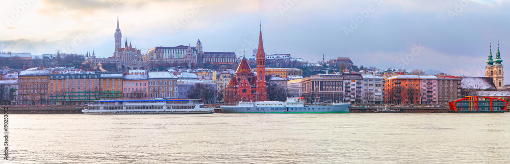 Budapest skyline panoramic view from Danube river, Hungary, Europe