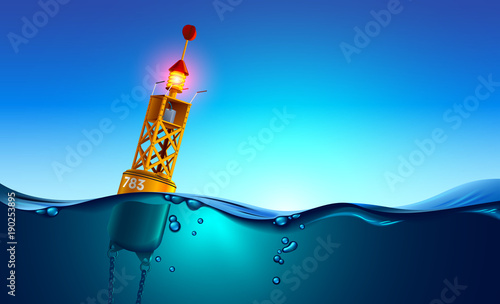 Sea orange Buoy floating in ocean at dawn. Sea buoy has navigation meteorology equipment, beacon swinging on waves. Split view over and under water surface. Buoy chained to sea bottom underwater
