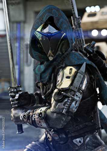 Фотография Space hunter, science fictional armored marine posing with multiple weapons and sword in hand