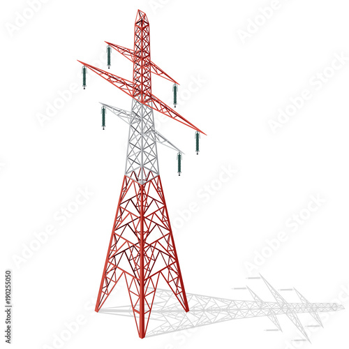 Vector high voltage pylon on white background in isometric perspective. Red and white 3d metal pole voltage, isolated background. Industrial illustration. Power line pylon with safety lock.