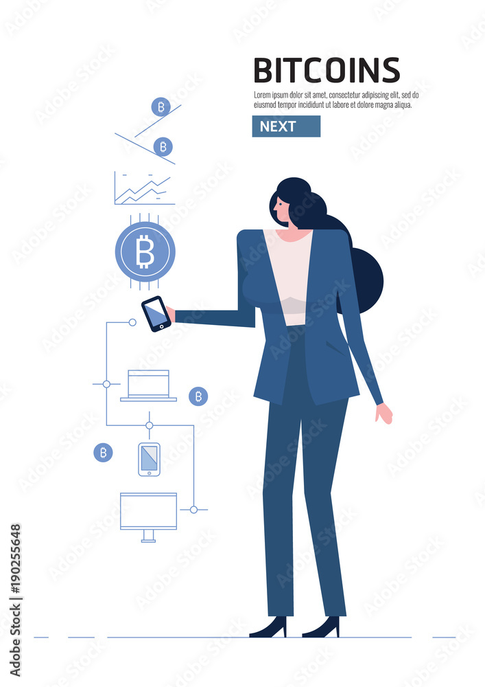 Fototapeta premium Blockchain and bitcoin concept. Woman hand holding modern smart phone, showing Bitcoin information. flat design elements vector illustration