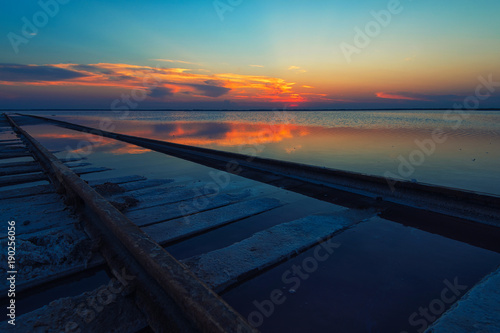 Beauty sunset on salty lake in Altay, Siberia, Russia