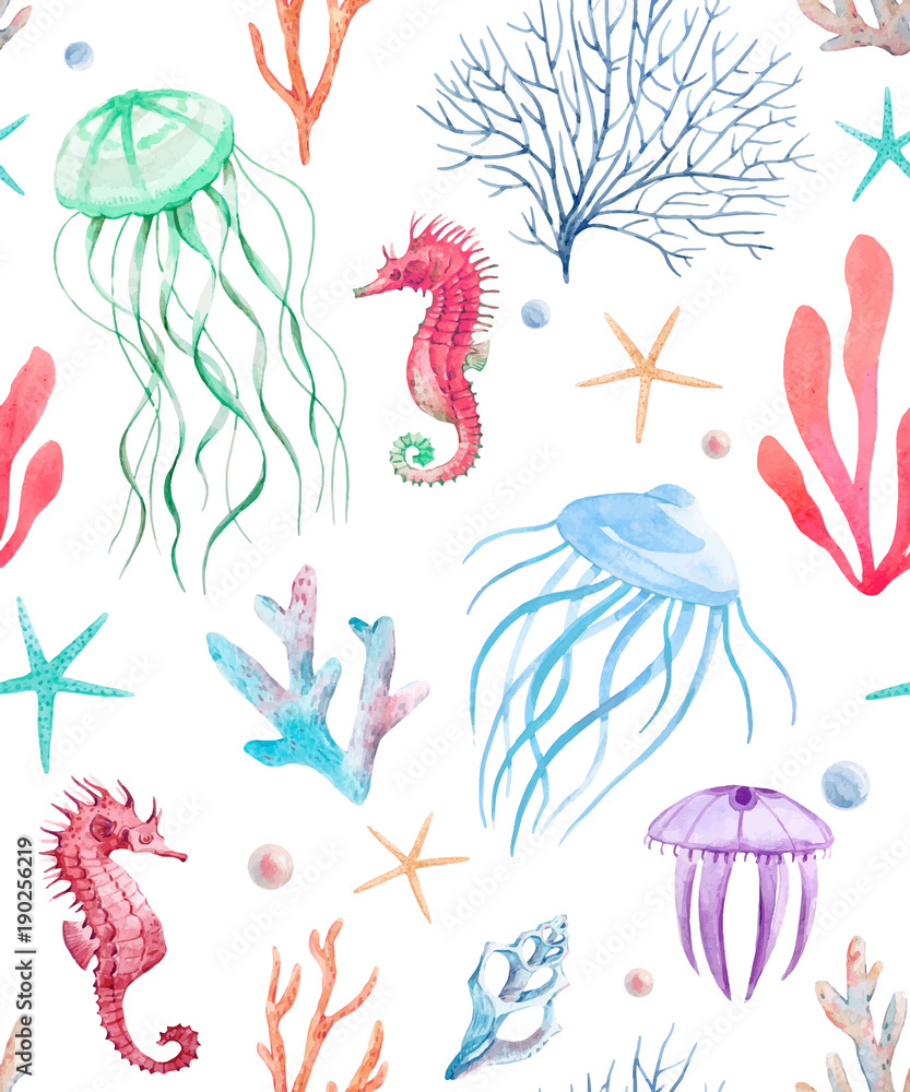 Obraz premium Watercolor sea life vector pattern