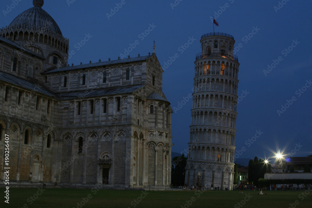 Summer. Italy. Pisa. Pisa Cathedral. Leaning Tower of Pisa. Night view