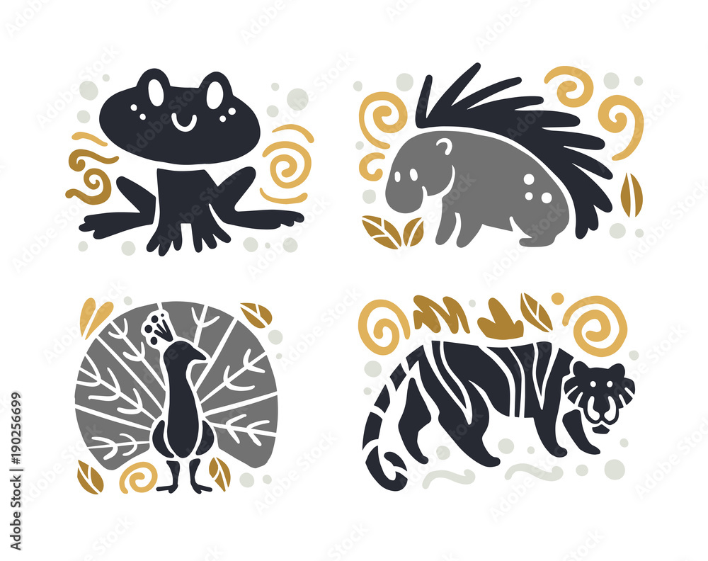 Obraz premium Vector flat cute funny hand drawn animal silhouette isolated on white background - frog, porcupine, tiger and peacock. Perfect for children goods store logo insignia, kid clothes and accessory prints.