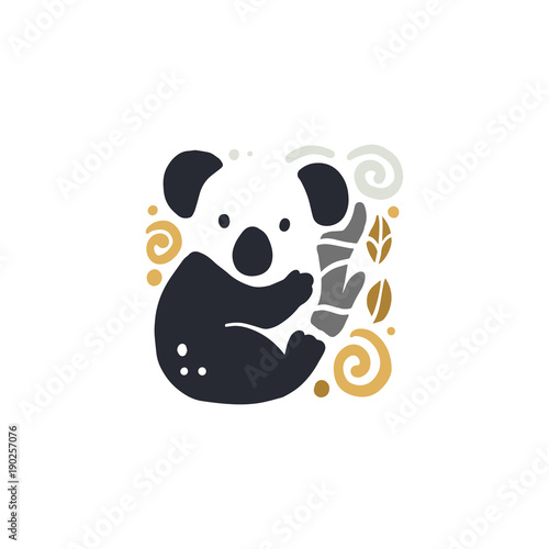 Vector flat cute funny hand drawn koala animal silhouette isolated on white background. Perfect for children goods store logo insignia, kid clothes and accessory prints, zoo logotype etc.