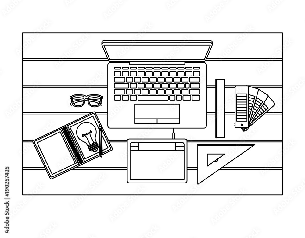 laptopcomputer en tekenhulpmiddelen over bureau op bovenaanzicht in zwarte  contour vectorillustratie #190257425 - Wandkleed