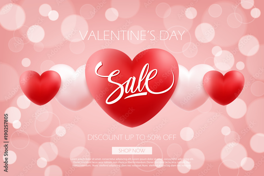 Valentine's Day Sale special offer background with hand drawn lettering and hearts for holiday shopping. Discount up to 50% off. Shop now. Vector illustration.