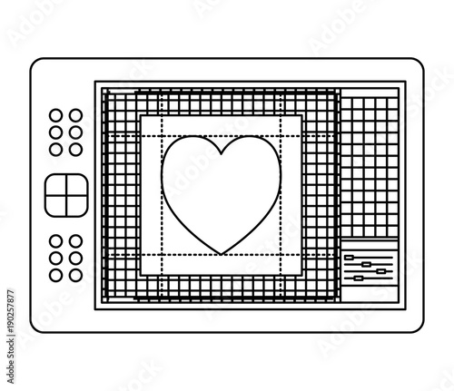 digitizer tablet with colours palette and heart design in black contour vector illustration