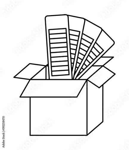 cardboard box and color palette guide in black contour vector illustration