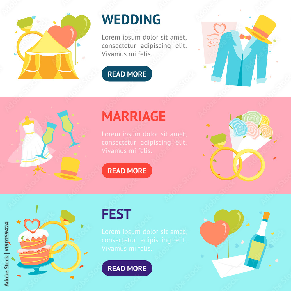 Obraz premium Cartoon Wedding Banner Horizontal Set. Vector