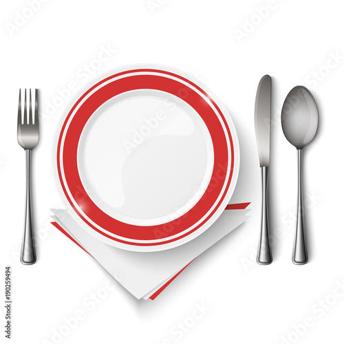 Red white plate with spoon knife and fork template