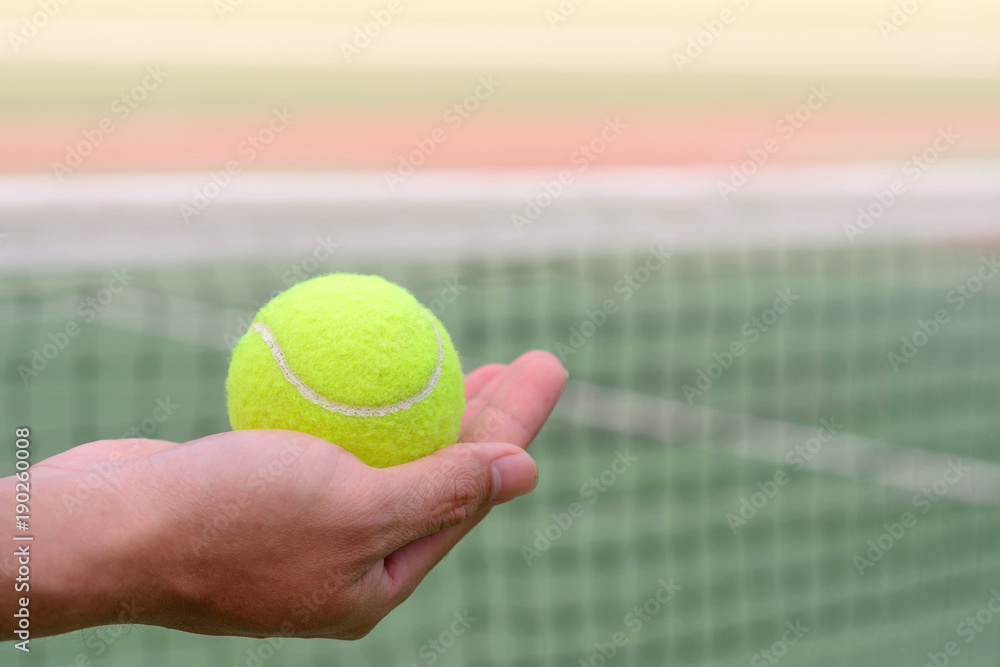 Hand holding tennis ball on blur net and court background
