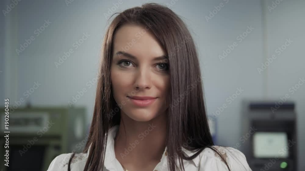 Happy Beautiful Business Woman in Office Hall, student bank in front of atm smiling Happy Beautiful Business Woman in Office Hall, student bank in front of atm smiling