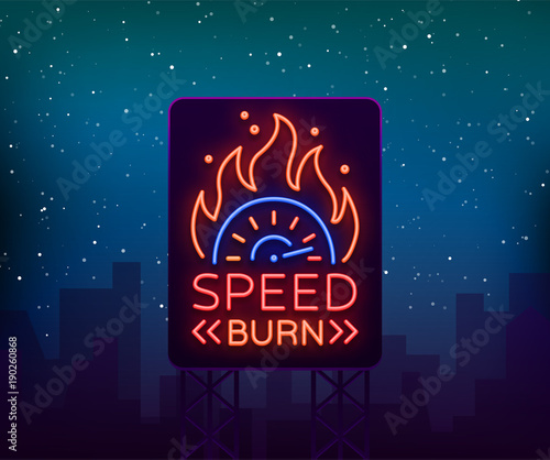 Street racing billboard logo emblem template vector logo in neon style. A glowing sign on the theme of the races. Neon sign, light banner