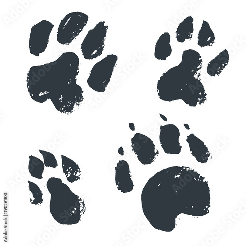 Black hand drawn isolated wild animal footprints. Grunge ink ill