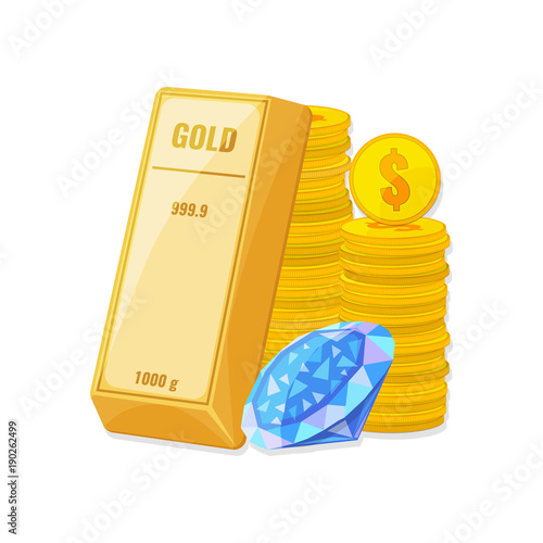 Gold bullion, coins, and diamond. Wealth, savings concept