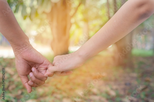 Loving couple holding hands on blurred background with sun light effect for Valentine's day and love concept