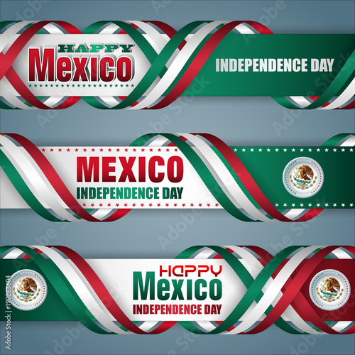 Set of web banners with 3d texts, and national flag colors for Mexican, Independence day, national holiday; Vector celebration