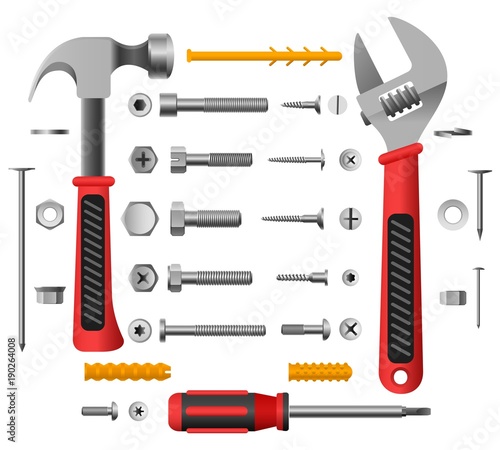 Screws, nuts and tools. Nail and screw isolated on white background, screwdriver and hammer vector illustration