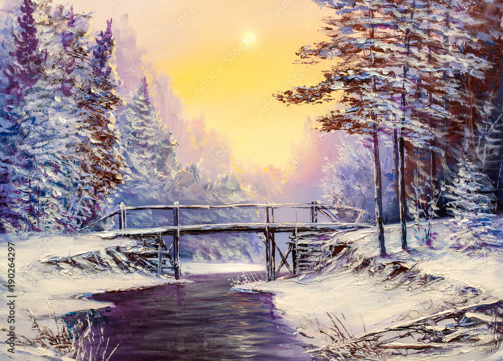 Obraz Biały most nad rzeką, zimowy krajobraz