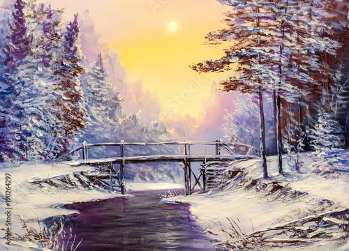 Obraz na płótnie Biały most nad rzeką, zimowy krajobraz