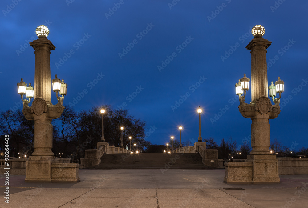 Empty bridge with large decorative lamp posts