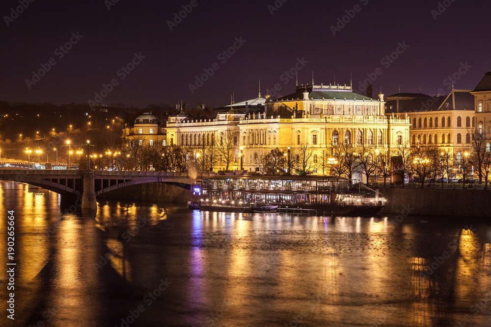 Rudolfinum concert hall at the Vltava riverbank by night Rudolfinum concert hall at the Vltava riverbank by night