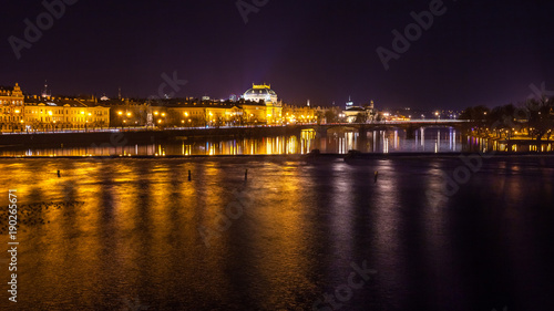 The night View on the Prague National Theater above the River Vltava, Czech Republic © k_samurkas