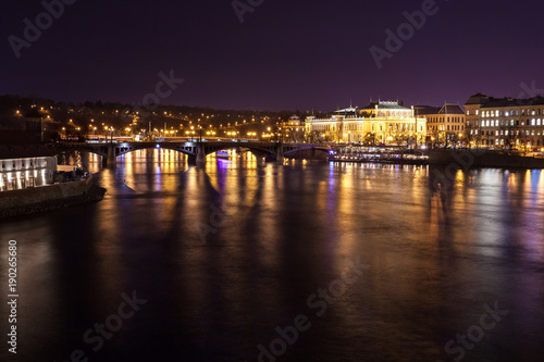 The night View on the Prague National Theater above the River Vltava, Czech Republic