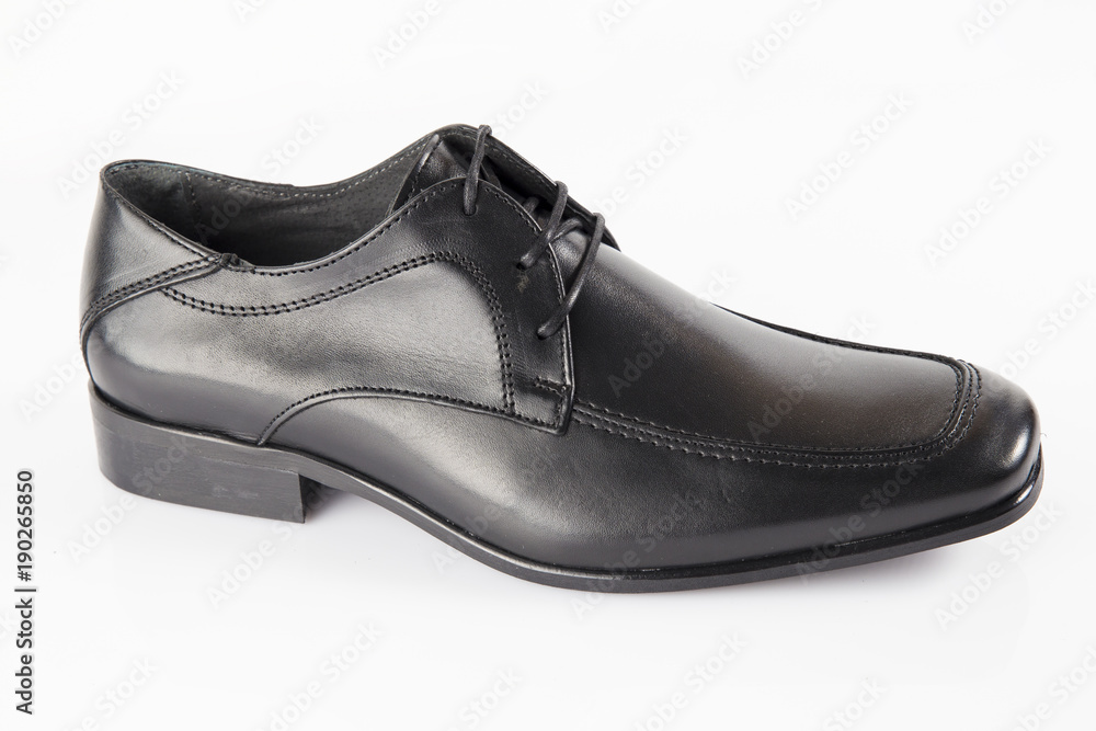 Male black leather elegant shoe on white background, isolated product, comfortable footwear. Male black leather elegant shoe on white background, isolated product, comfortable footwear.