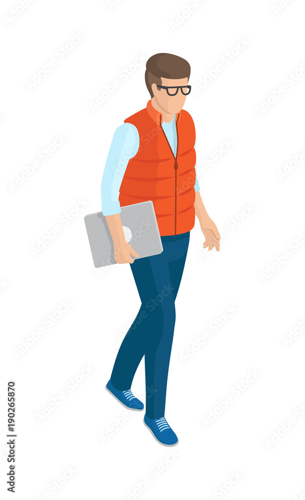 Man in Red Sleeveless Jacket, Blue Jeans and Shoes