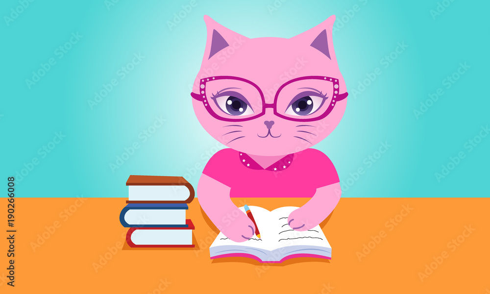 Pink Cat Doing Homework and Like Reading