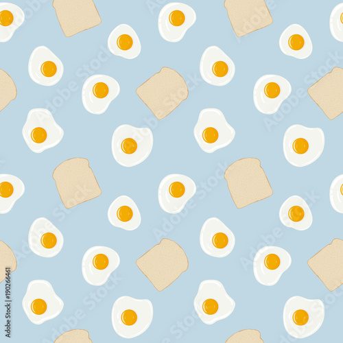 
Fried eggs and toast bread breakfast seamless pattern. Fresh toasted bread and fried eggs. Yummy breakfast. Vector hand drawn illustration seamless pattern.