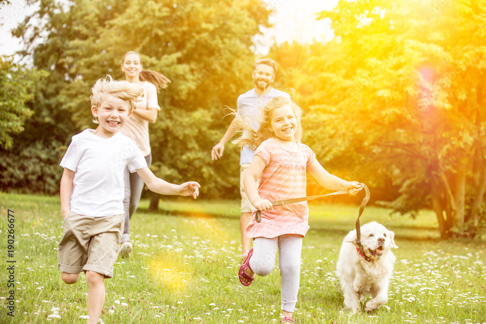 Familie mit Hund beim Laufen im Sommer Stock Photo | Adobe Stock