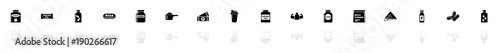 Sport Supplements icons - Black horizontal Illustration symbol on White Background with a mirror Shadow reflection. Flat Vector Icon.