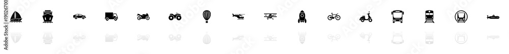 Transport icons - Black horizontal Illustration symbol on White Background with a mirror Shadow reflection. Flat Vector Icon.