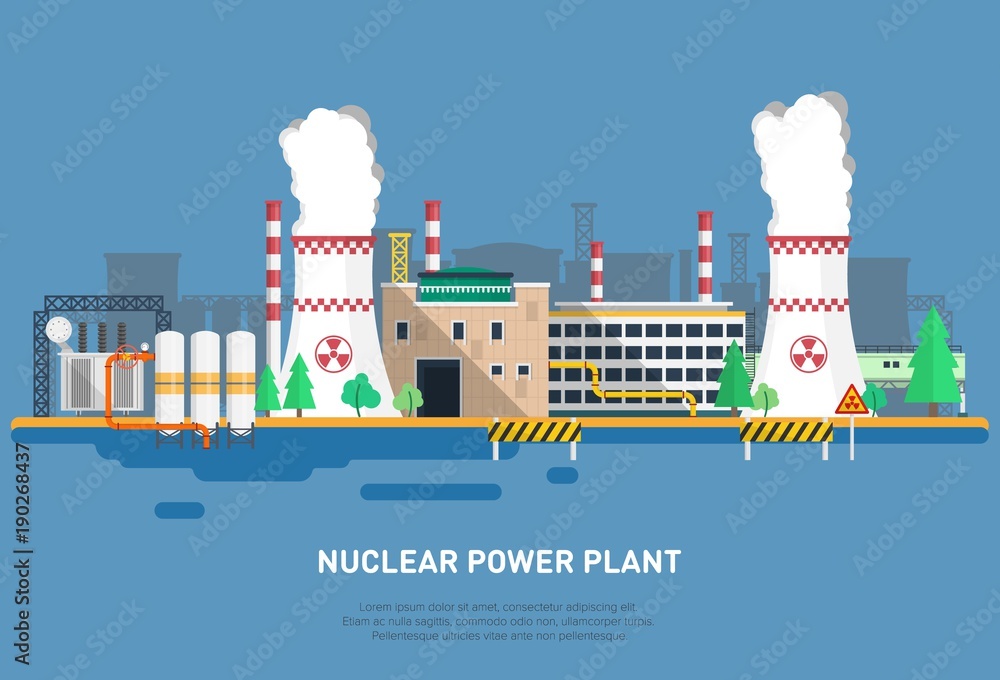 Nuclear power plant in a flat style. Cooler, power unit, office building and other elements of the power plant.