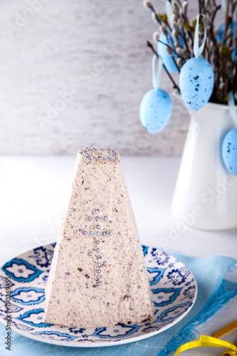Paskha and kulich, Traditional Russian Orthodox Easter Quark Dessert Curd.Easter background.selective focus.