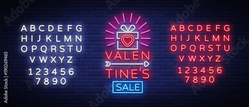 Valentines Day sale vector design template poster in neon style. Neon sign, neon banner with discounts, bright night advertising, brochure, flyer postcard. Vector illustration. Editing text neon sign