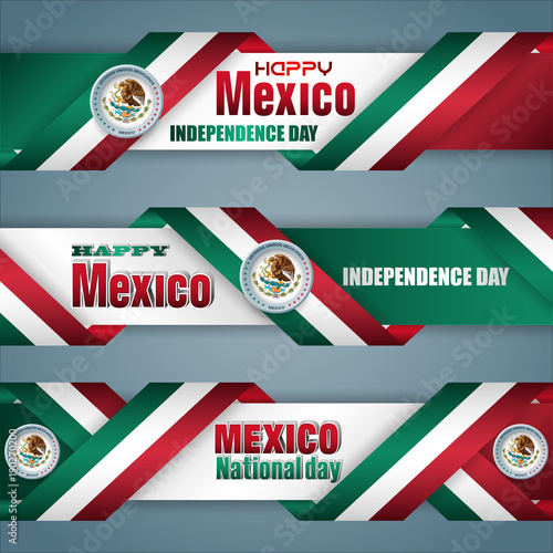 Set of web banners with 3d texts, coat of arms and national flag colors for Mexican, Independence day, national holiday; Vector celebration