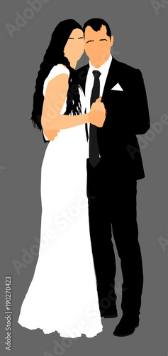 Groom and bride wedding day, in dress and suit vector illustration. Young wedding couple. Happy bride and groom after wedding ceremony. Couple in love. Just married couple in love.