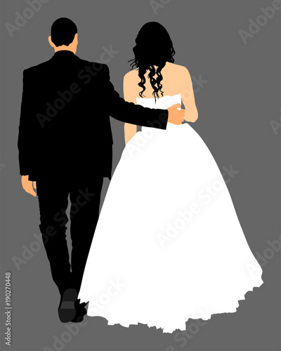 Groom and bride wedding day, in dress and suit vector illustration. Young wedding couple. Happy bride and groom after wedding ceremony. Couple in love. Just married couple in love.