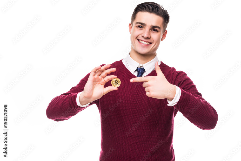 Young man pointed on bitcoin isolated on white background Young man pointed on bitcoin isolated on white background