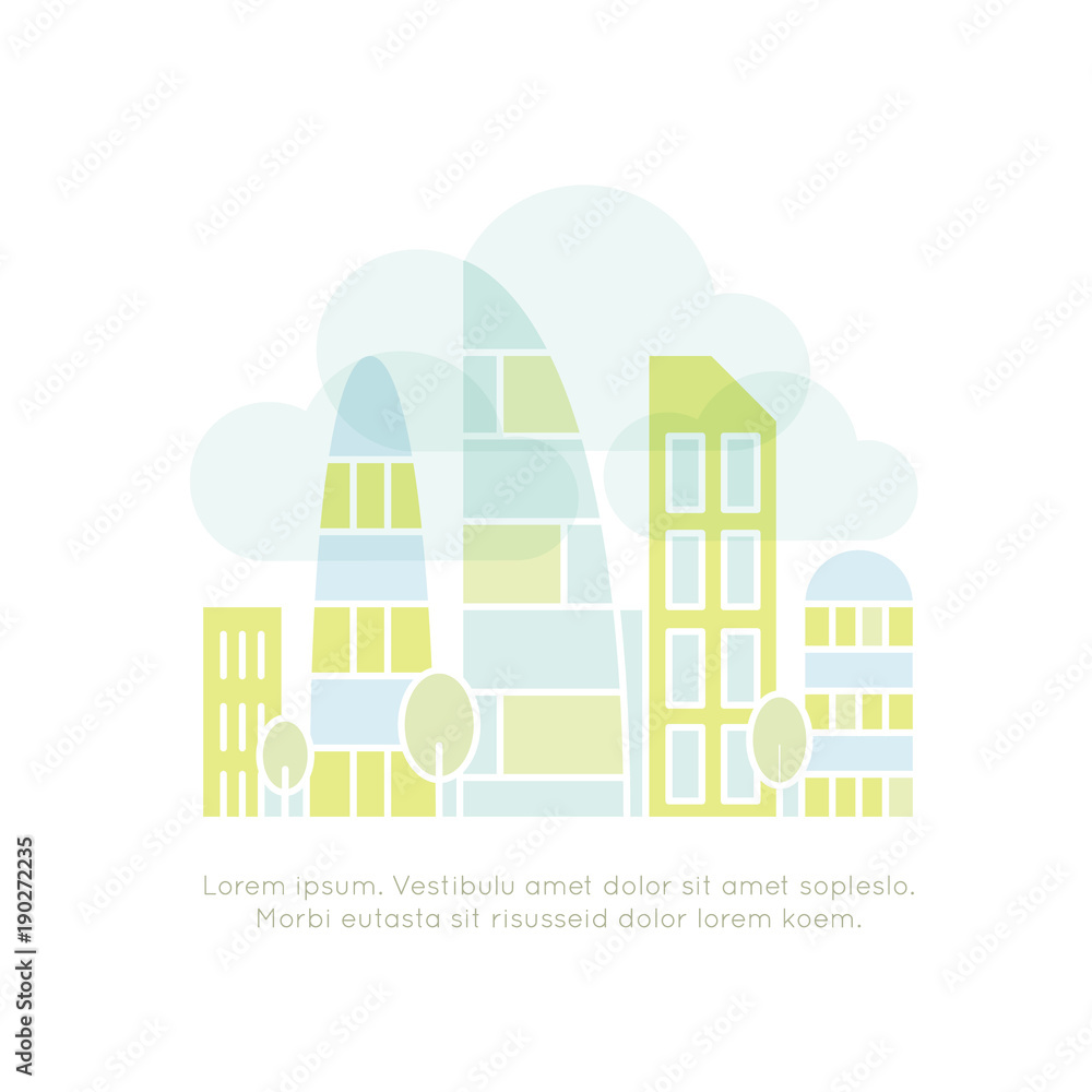 Vector Icon Style Illuetration Icon of Property, Real Estate, City Landscape with Cloudy Sky and Fog