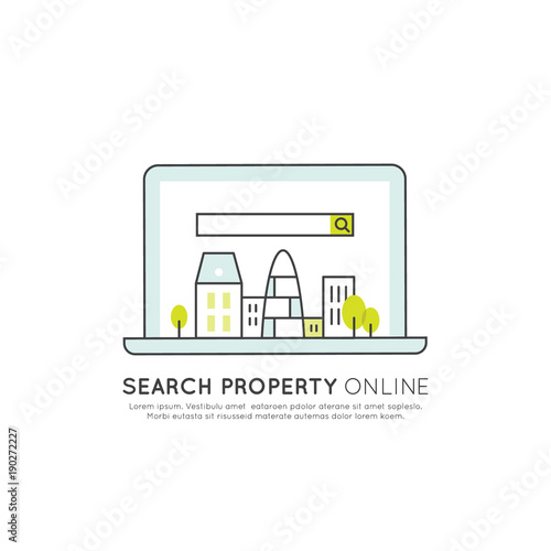 Vector Icon Style Illuetration Icon of Online Search Property, Real Estate, Hotel, Accommodation or Booking a Flat, House, finding Flatmates and Roommates or Agent